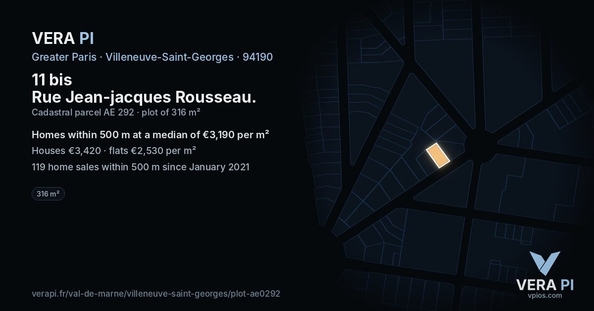 11 bis Rue Jean-jacques Rousseau, Villeneuve-Saint-Georges at night – the plot lit, the parcels around coloured by the prices near them