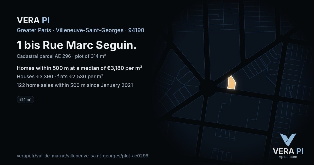 1 bis Rue Marc Seguin, Villeneuve-Saint-Georges at night – the plot lit, the parcels around coloured by the prices near them