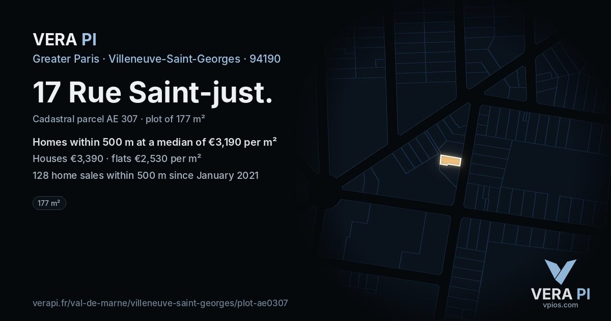 17 Rue Saint-just, Villeneuve-Saint-Georges at night – the plot lit, the parcels around coloured by the prices near them