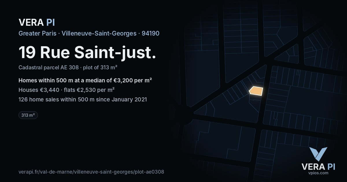19 Rue Saint-just, Villeneuve-Saint-Georges at night – the plot lit, the parcels around coloured by the prices near them