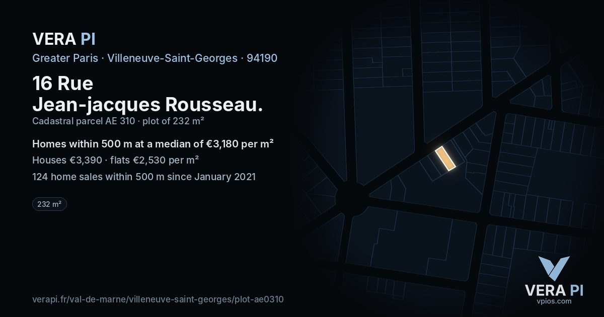 16 Rue Jean-jacques Rousseau, Villeneuve-Saint-Georges at night – the plot lit, the parcels around coloured by the prices near them