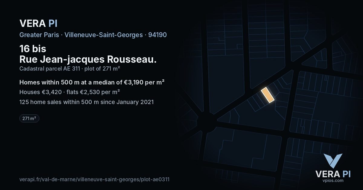 16 bis Rue Jean-jacques Rousseau, Villeneuve-Saint-Georges at night – the plot lit, the parcels around coloured by the prices near them
