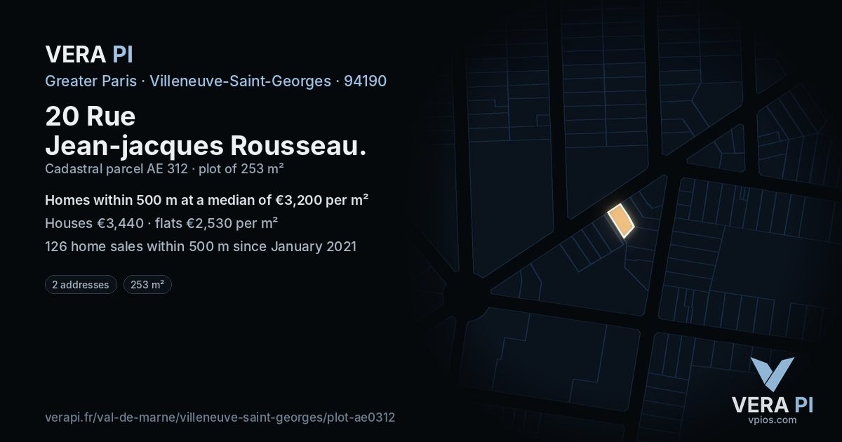 20 Rue Jean-jacques Rousseau, Villeneuve-Saint-Georges at night – the plot lit, the parcels around coloured by the prices near them