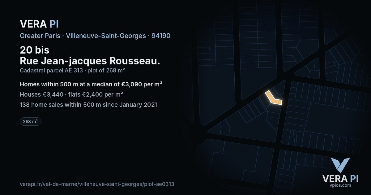 20 bis Rue Jean-jacques Rousseau, Villeneuve-Saint-Georges at night – the plot lit, the parcels around coloured by the prices near them