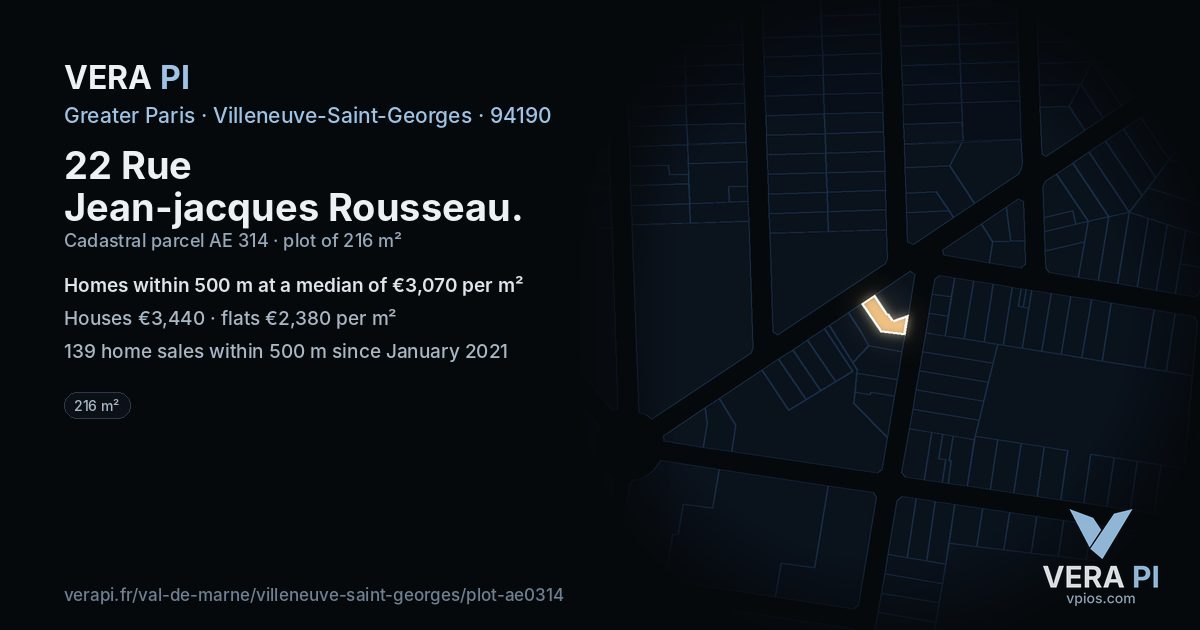 22 Rue Jean-jacques Rousseau, Villeneuve-Saint-Georges at night – the plot lit, the parcels around coloured by the prices near them
