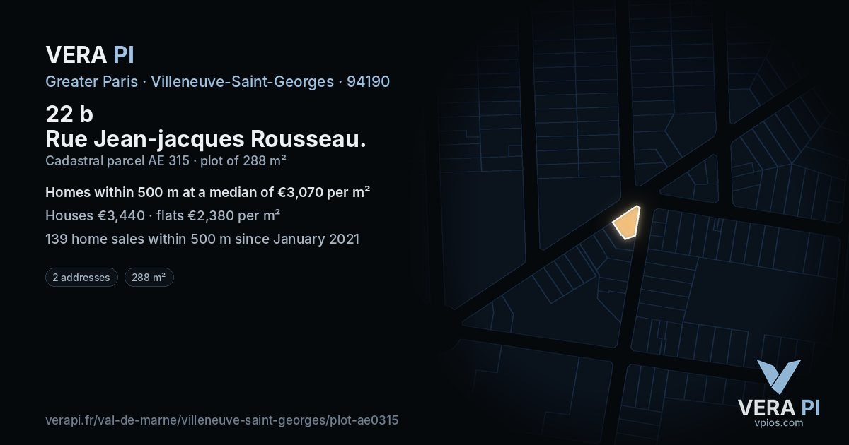22 b Rue Jean-jacques Rousseau, Villeneuve-Saint-Georges at night – the plot lit, the parcels around coloured by the prices near them