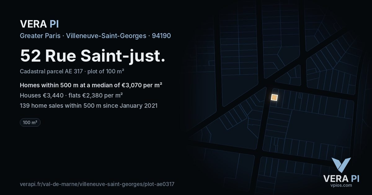 52 Rue Saint-just, Villeneuve-Saint-Georges at night – the plot lit, the parcels around coloured by the prices near them