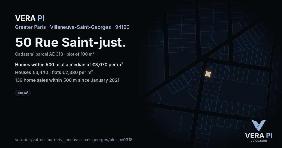 50 Rue Saint-just, Villeneuve-Saint-Georges at night – the plot lit, the parcels around coloured by the prices near them