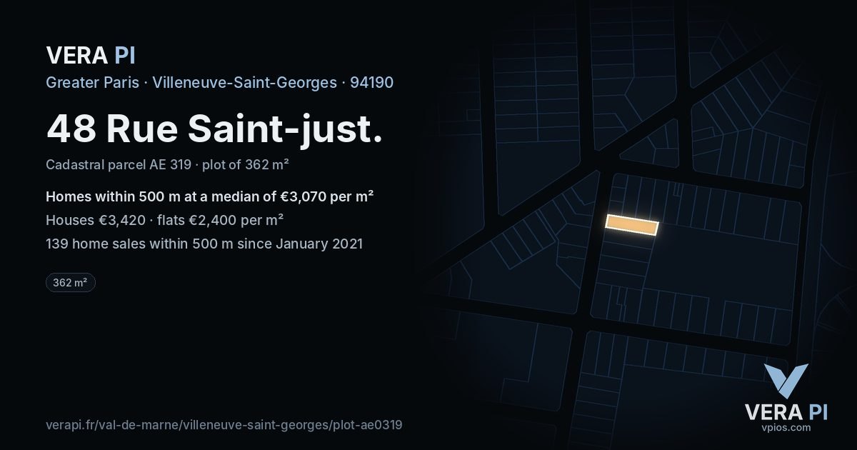 48 Rue Saint-just, Villeneuve-Saint-Georges at night – the plot lit, the parcels around coloured by the prices near them