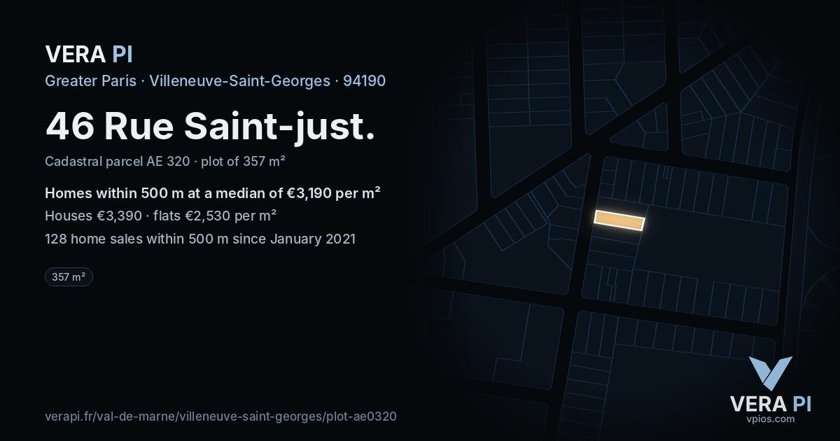 46 Rue Saint-just, Villeneuve-Saint-Georges at night – the plot lit, the parcels around coloured by the prices near them