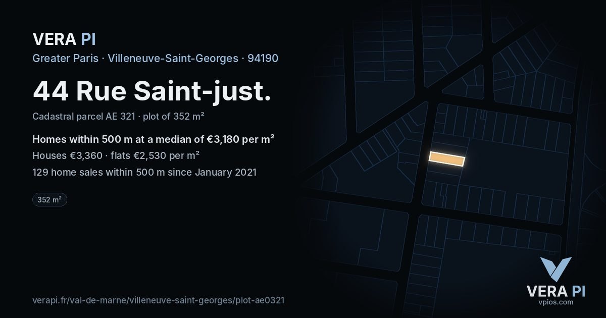 44 Rue Saint-just, Villeneuve-Saint-Georges at night – the plot lit, the parcels around coloured by the prices near them