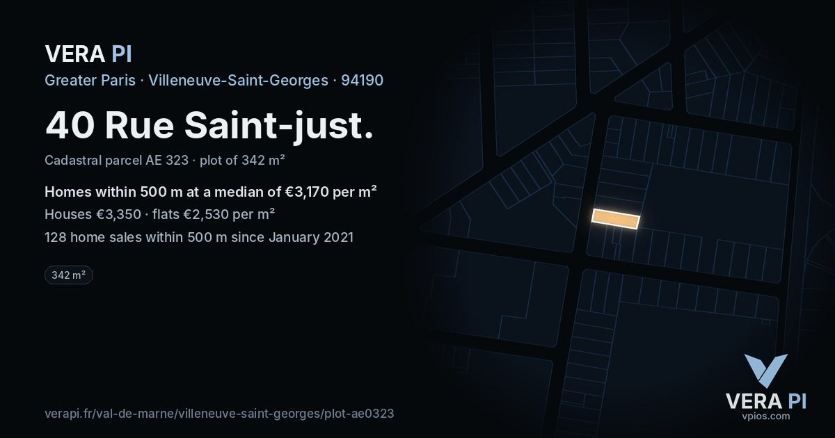 40 Rue Saint-just, Villeneuve-Saint-Georges at night – the plot lit, the parcels around coloured by the prices near them
