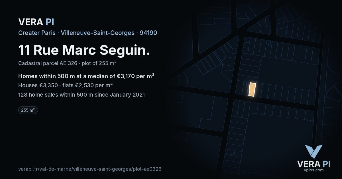 11 Rue Marc Seguin, Villeneuve-Saint-Georges at night – the plot lit, the parcels around coloured by the prices near them