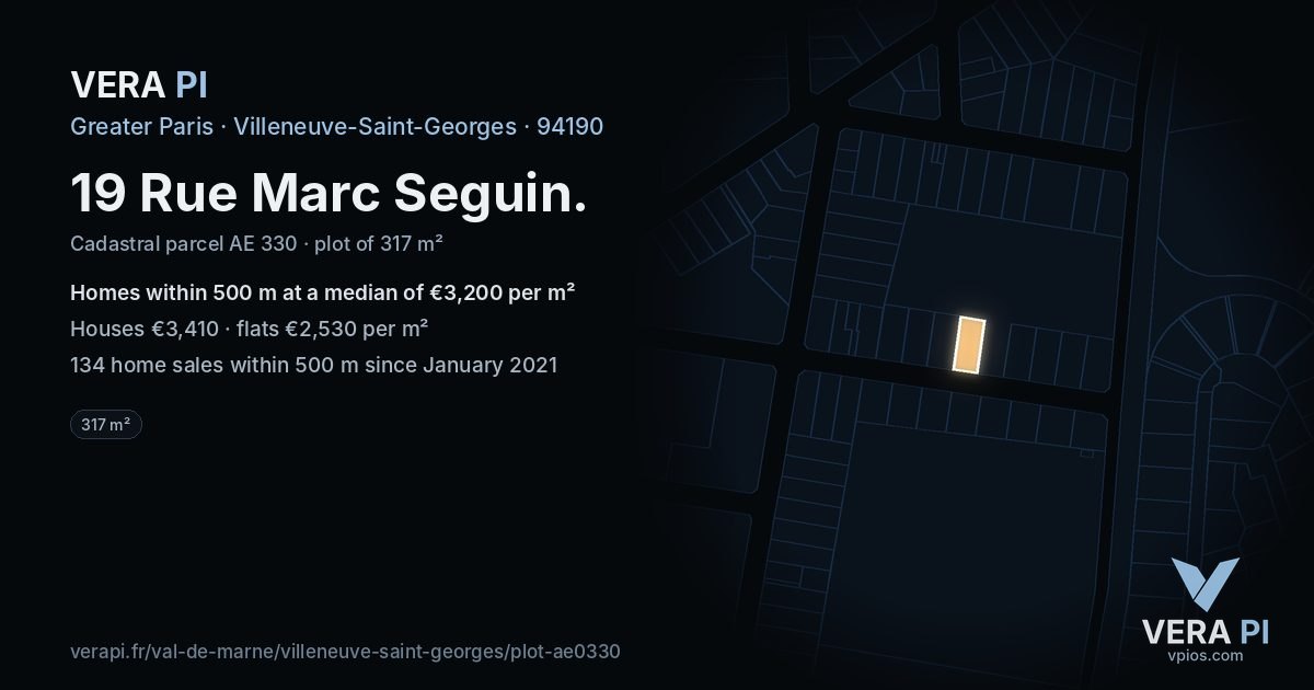 19 Rue Marc Seguin, Villeneuve-Saint-Georges at night – the plot lit, the parcels around coloured by the prices near them