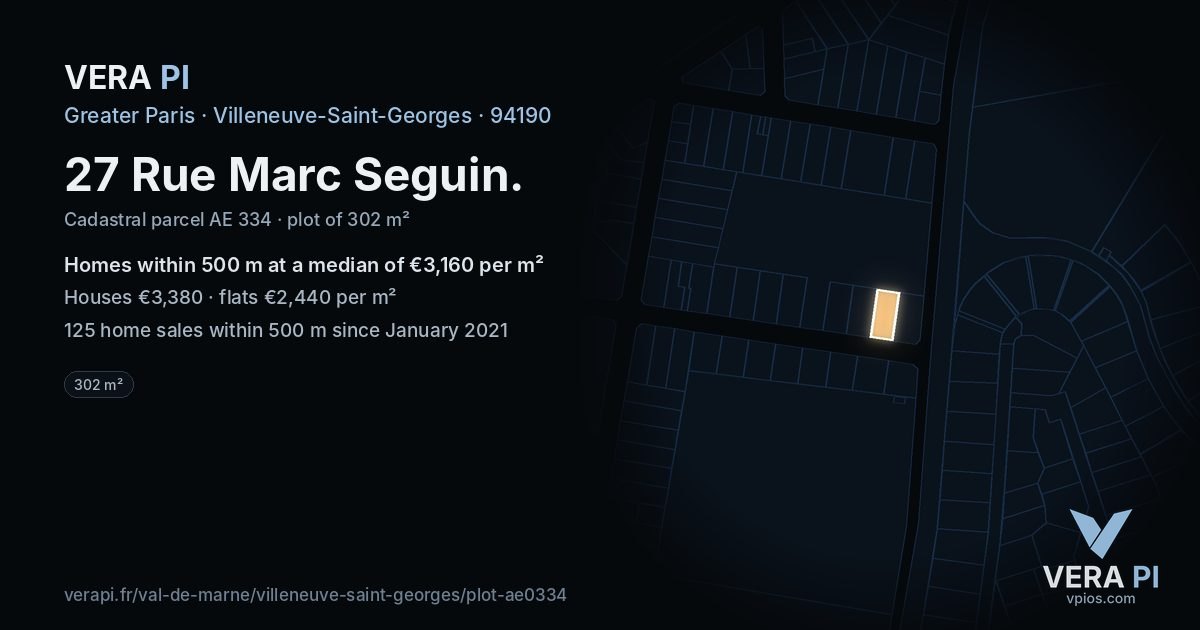 27 Rue Marc Seguin, Villeneuve-Saint-Georges at night – the plot lit, the parcels around coloured by the prices near them