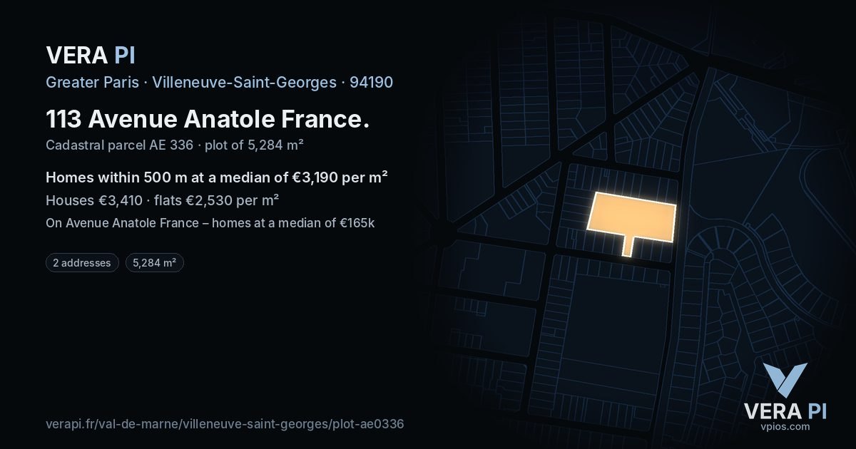 113 Avenue Anatole France, Villeneuve-Saint-Georges at night – the plot lit, the parcels around coloured by the prices near them