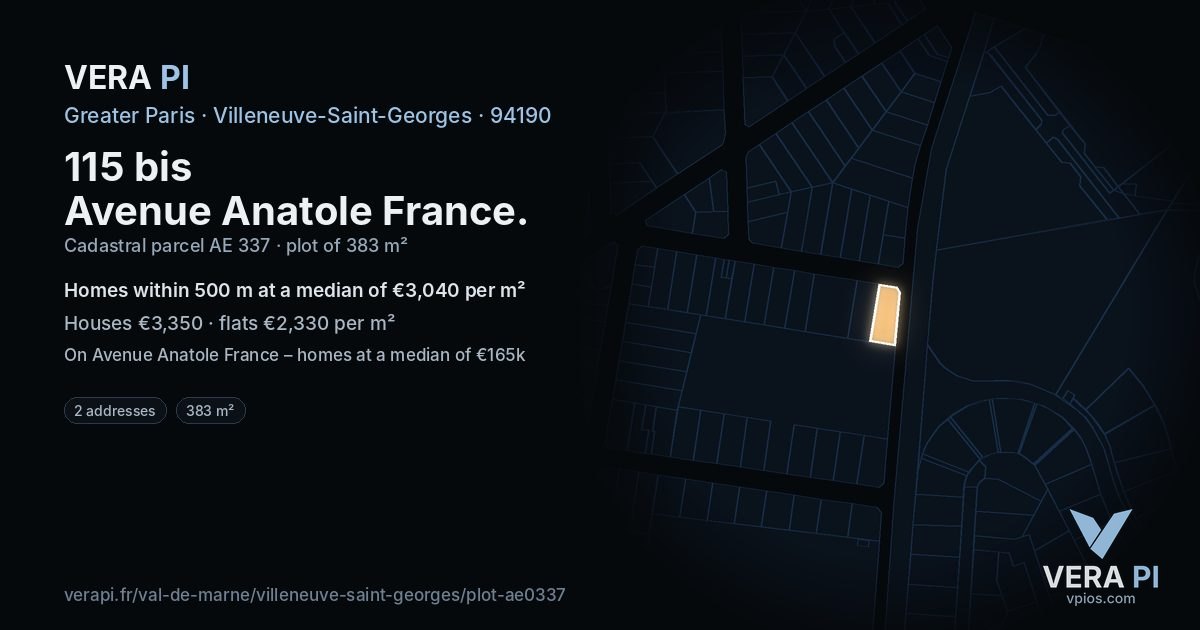 115 bis Avenue Anatole France, Villeneuve-Saint-Georges at night – the plot lit, the parcels around coloured by the prices near them