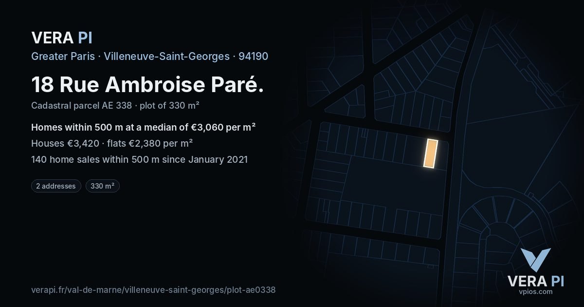 18 Rue Ambroise Paré, Villeneuve-Saint-Georges at night – the plot lit, the parcels around coloured by the prices near them