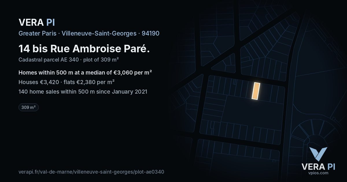 14 bis Rue Ambroise Paré, Villeneuve-Saint-Georges at night – the plot lit, the parcels around coloured by the prices near them