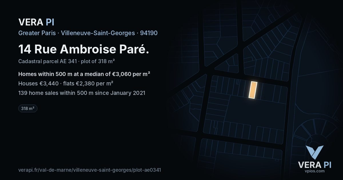 14 Rue Ambroise Paré, Villeneuve-Saint-Georges at night – the plot lit, the parcels around coloured by the prices near them