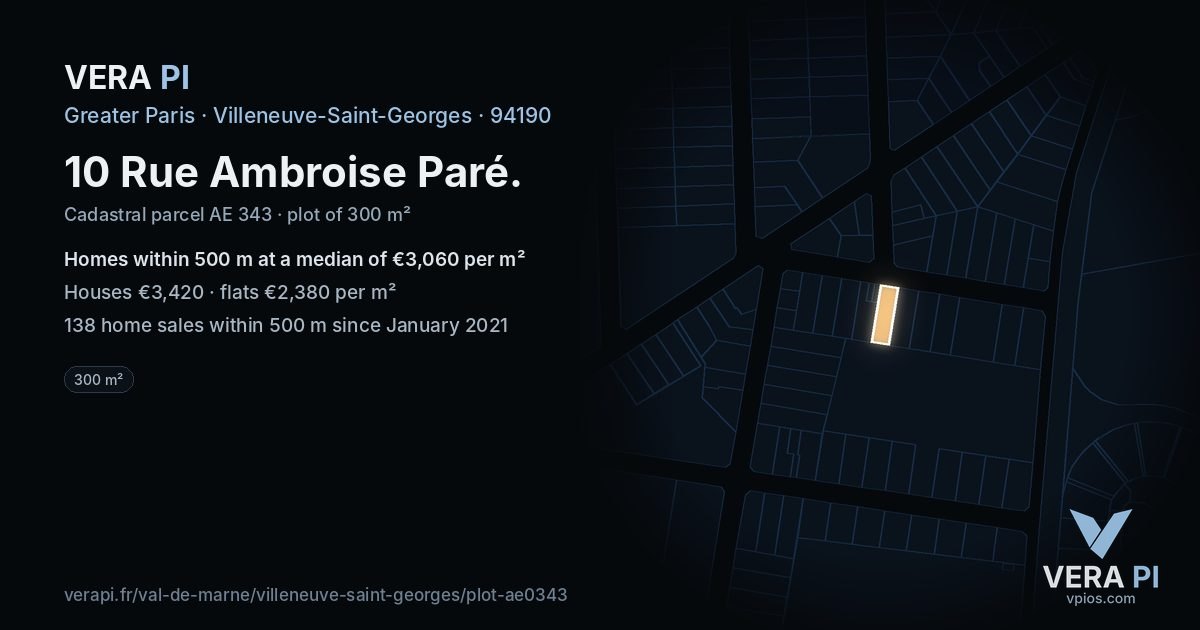 10 Rue Ambroise Paré, Villeneuve-Saint-Georges at night – the plot lit, the parcels around coloured by the prices near them