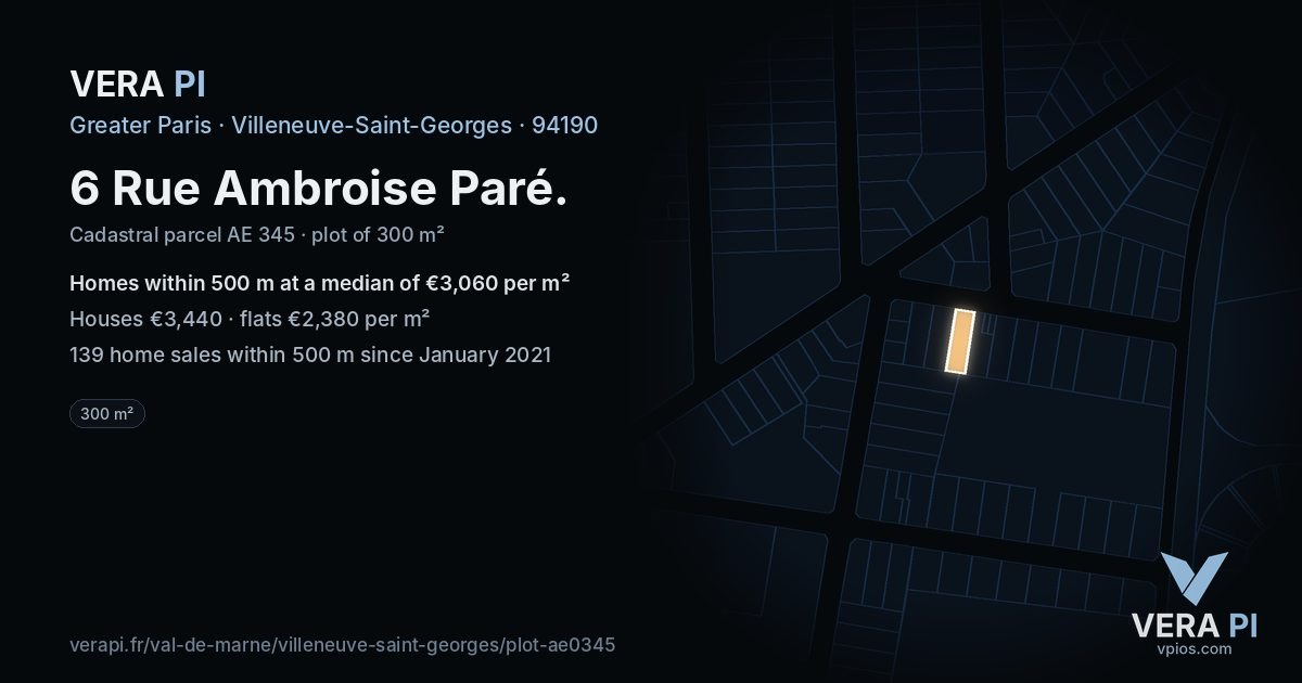 6 Rue Ambroise Paré, Villeneuve-Saint-Georges at night – the plot lit, the parcels around coloured by the prices near them