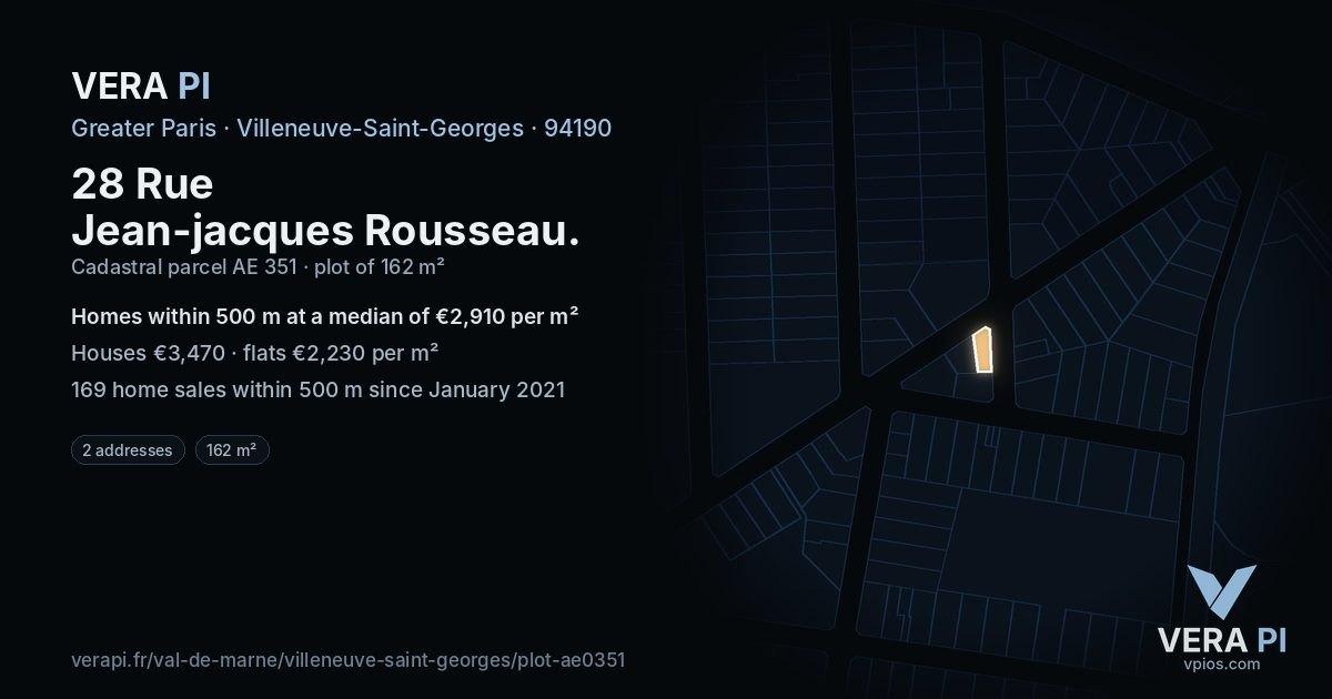 28 Rue Jean-jacques Rousseau, Villeneuve-Saint-Georges at night – the plot lit, the parcels around coloured by the prices near them