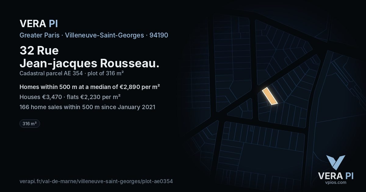 32 Rue Jean-jacques Rousseau, Villeneuve-Saint-Georges at night – the plot lit, the parcels around coloured by the prices near them