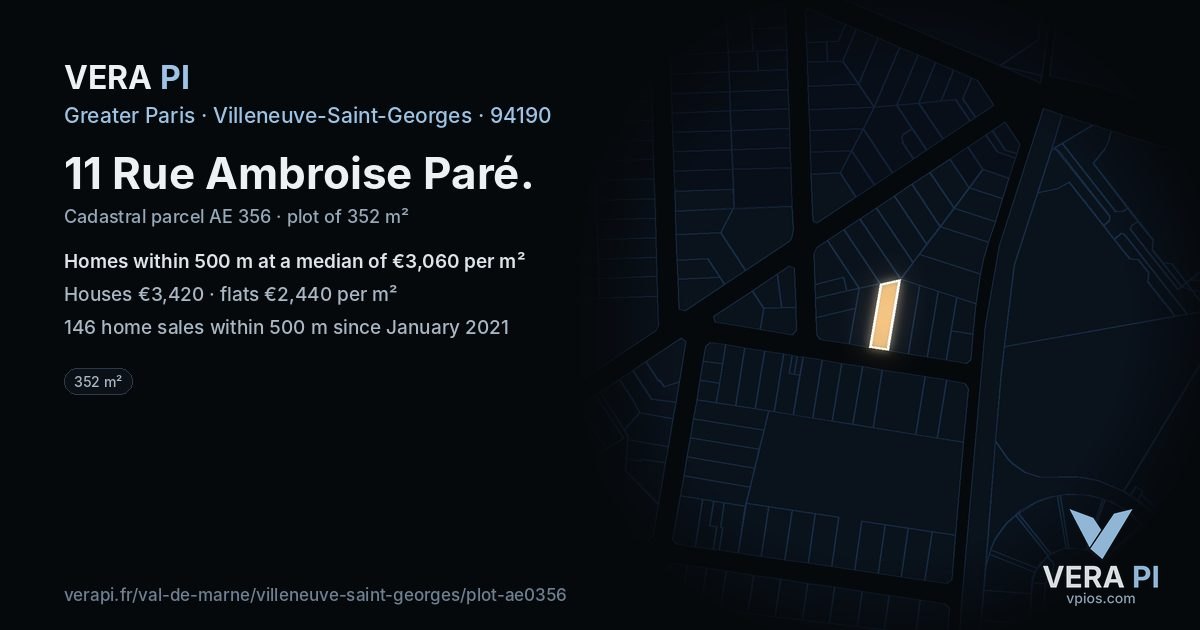 11 Rue Ambroise Paré, Villeneuve-Saint-Georges at night – the plot lit, the parcels around coloured by the prices near them