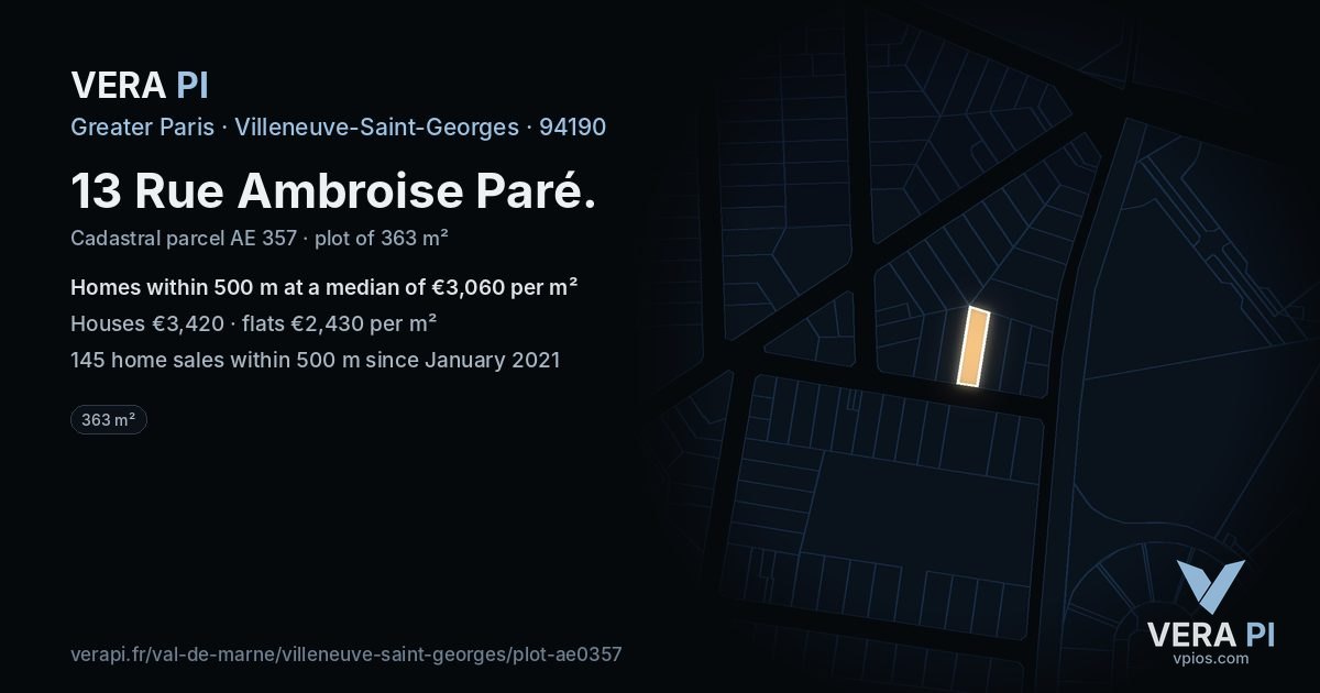 13 Rue Ambroise Paré, Villeneuve-Saint-Georges at night – the plot lit, the parcels around coloured by the prices near them