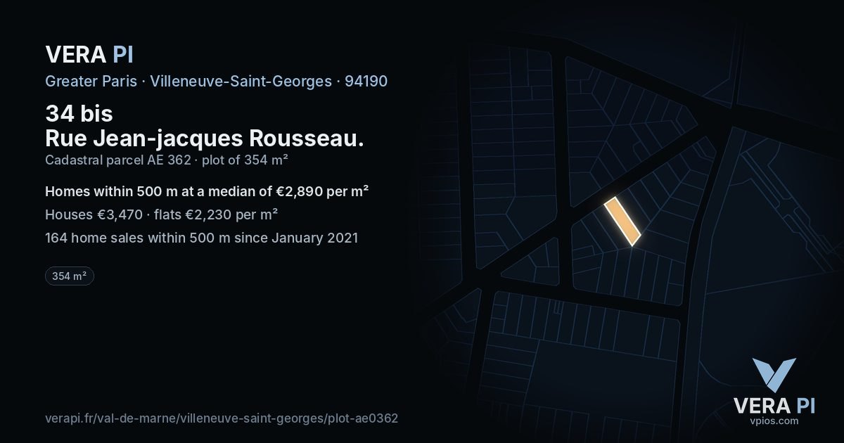 34 bis Rue Jean-jacques Rousseau, Villeneuve-Saint-Georges at night – the plot lit, the parcels around coloured by the prices near them