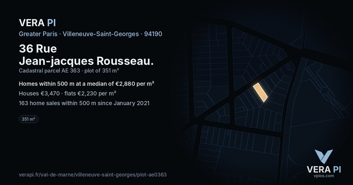 36 Rue Jean-jacques Rousseau, Villeneuve-Saint-Georges at night – the plot lit, the parcels around coloured by the prices near them