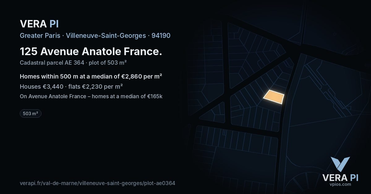 125 Avenue Anatole France, Villeneuve-Saint-Georges at night – the plot lit, the parcels around coloured by the prices near them
