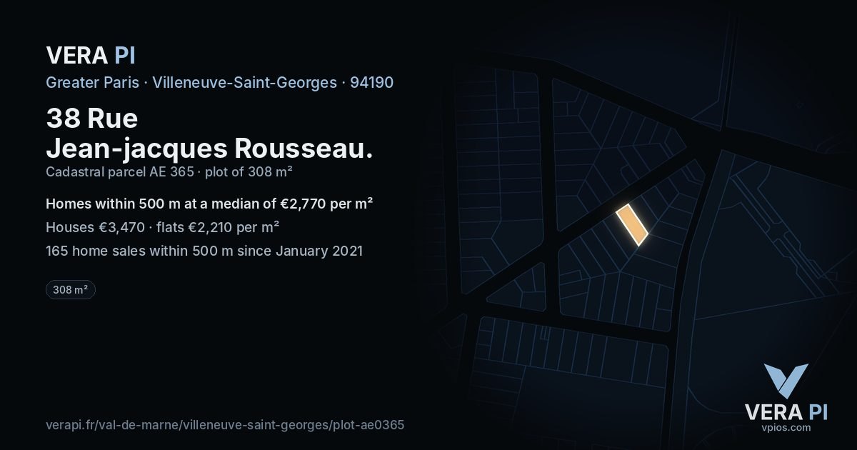 38 Rue Jean-jacques Rousseau, Villeneuve-Saint-Georges at night – the plot lit, the parcels around coloured by the prices near them