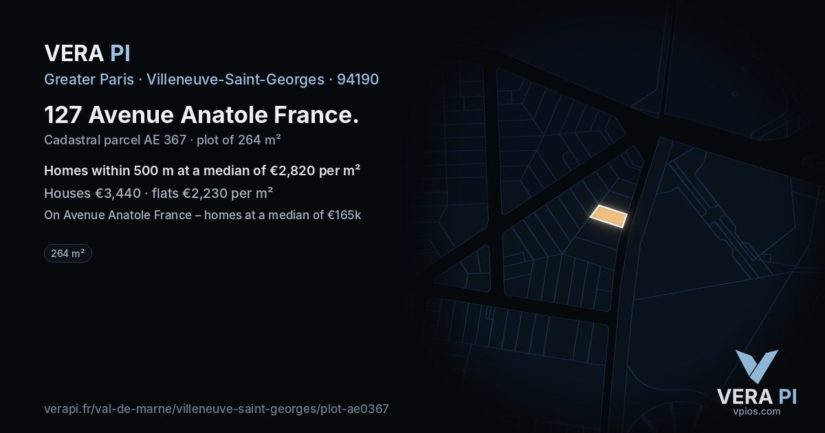 127 Avenue Anatole France, Villeneuve-Saint-Georges at night – the plot lit, the parcels around coloured by the prices near them