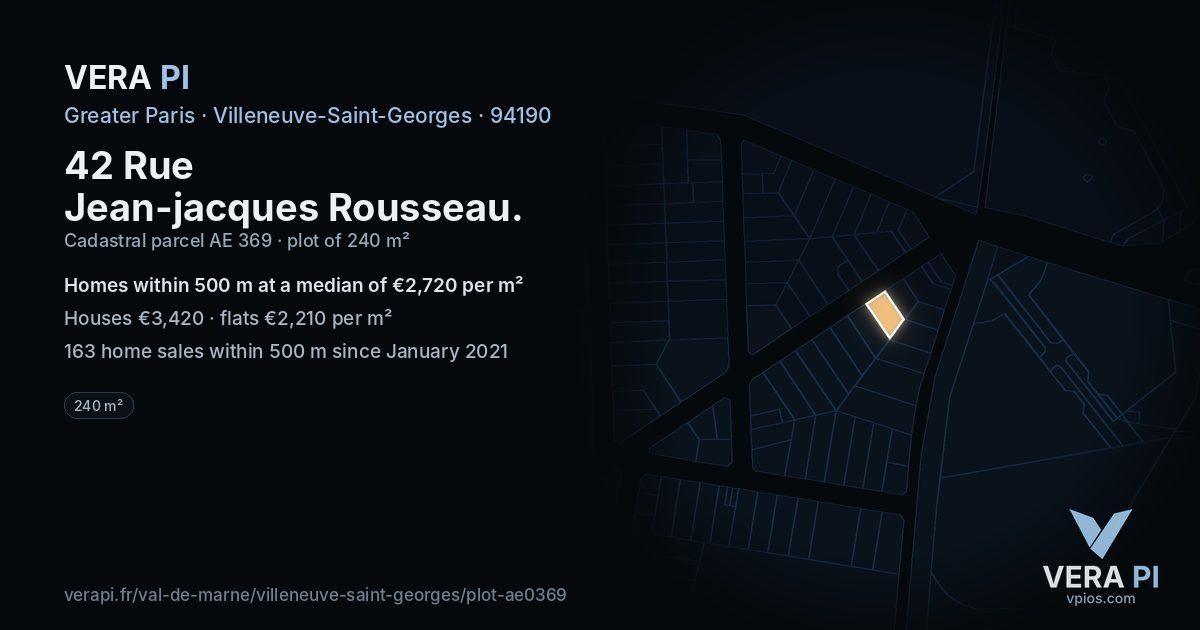 42 Rue Jean-jacques Rousseau, Villeneuve-Saint-Georges at night – the plot lit, the parcels around coloured by the prices near them