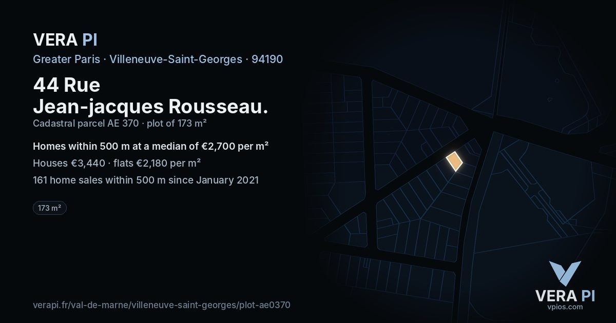 44 Rue Jean-jacques Rousseau, Villeneuve-Saint-Georges at night – the plot lit, the parcels around coloured by the prices near them