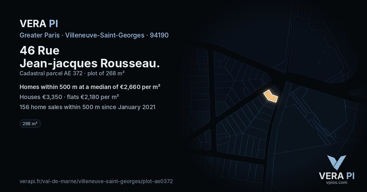 46 Rue Jean-jacques Rousseau, Villeneuve-Saint-Georges at night – the plot lit, the parcels around coloured by the prices near them