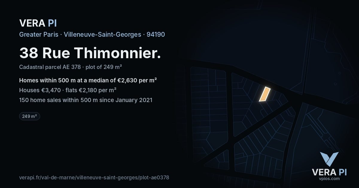38 Rue Thimonnier, Villeneuve-Saint-Georges at night – the plot lit, the parcels around coloured by the prices near them