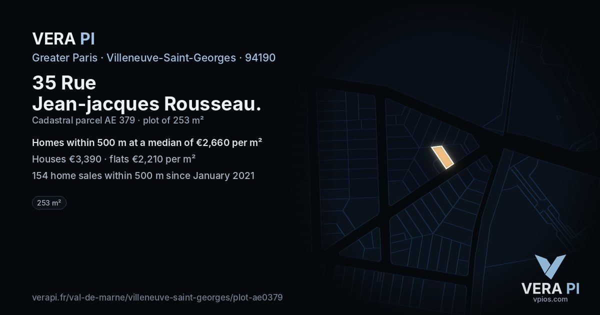 35 Rue Jean-jacques Rousseau, Villeneuve-Saint-Georges at night – the plot lit, the parcels around coloured by the prices near them