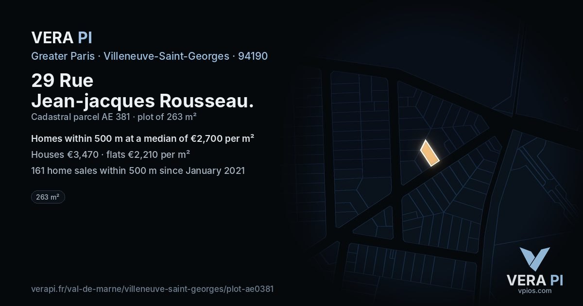 29 Rue Jean-jacques Rousseau, Villeneuve-Saint-Georges at night – the plot lit, the parcels around coloured by the prices near them
