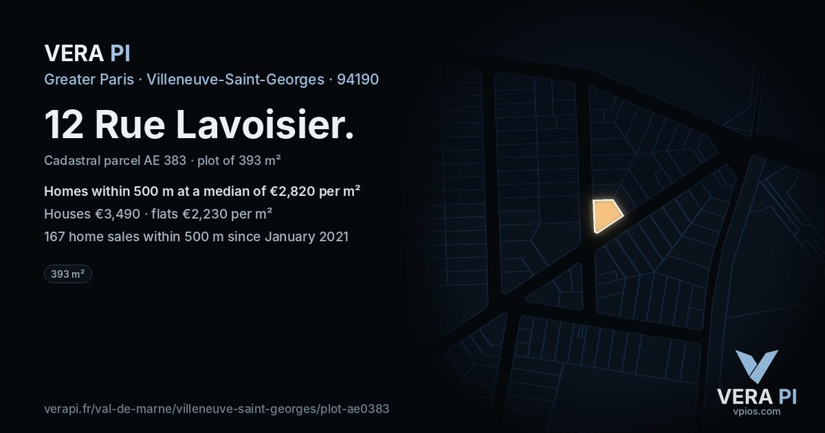 12 Rue Lavoisier, Villeneuve-Saint-Georges at night – the plot lit, the parcels around coloured by the prices near them