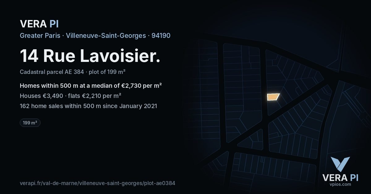 14 Rue Lavoisier, Villeneuve-Saint-Georges at night – the plot lit, the parcels around coloured by the prices near them