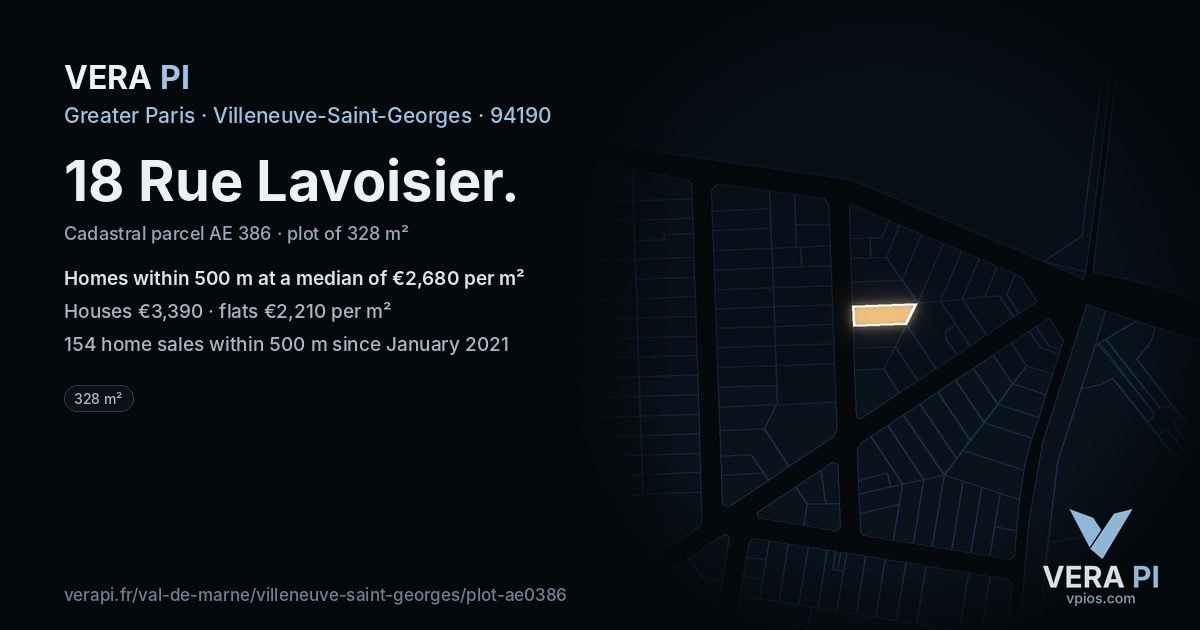 18 Rue Lavoisier, Villeneuve-Saint-Georges at night – the plot lit, the parcels around coloured by the prices near them