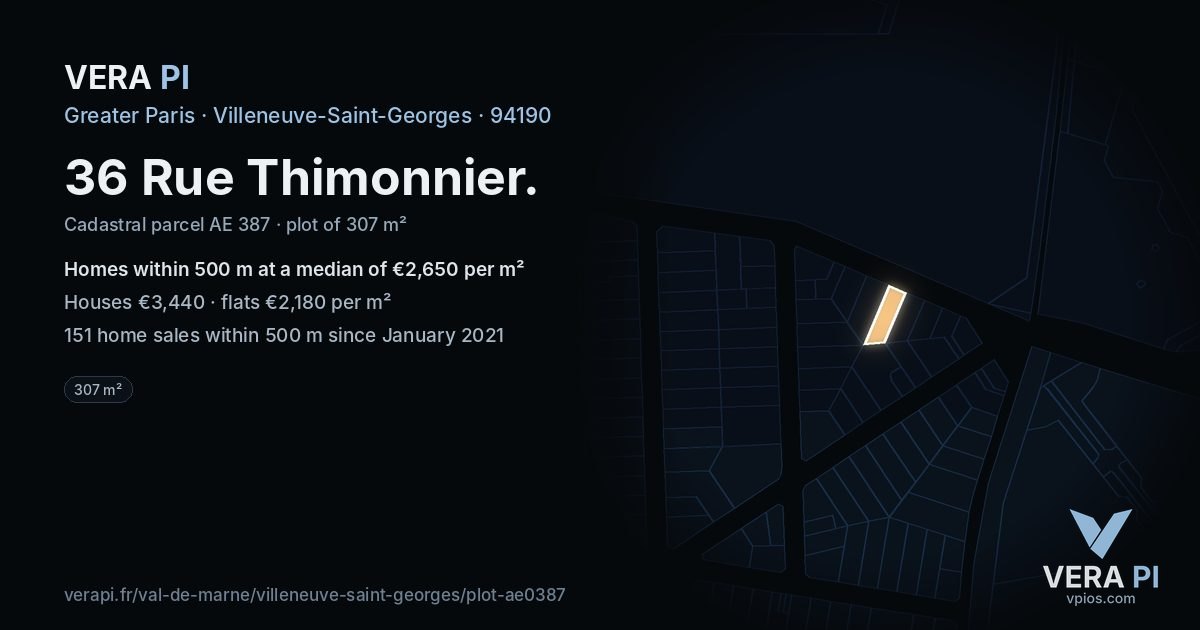 36 Rue Thimonnier, Villeneuve-Saint-Georges at night – the plot lit, the parcels around coloured by the prices near them