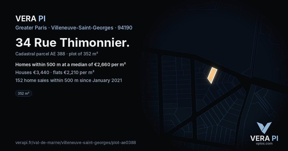 34 Rue Thimonnier, Villeneuve-Saint-Georges at night – the plot lit, the parcels around coloured by the prices near them