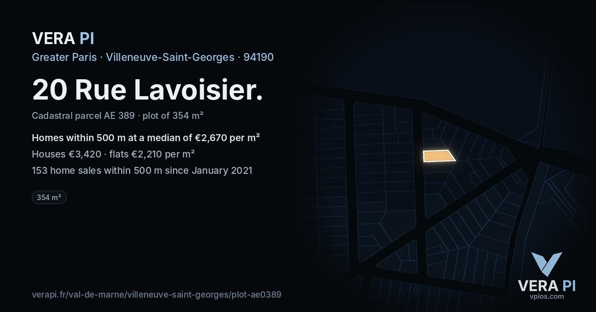 20 Rue Lavoisier, Villeneuve-Saint-Georges at night – the plot lit, the parcels around coloured by the prices near them
