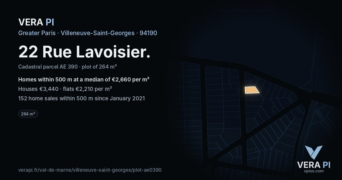 22 Rue Lavoisier, Villeneuve-Saint-Georges at night – the plot lit, the parcels around coloured by the prices near them