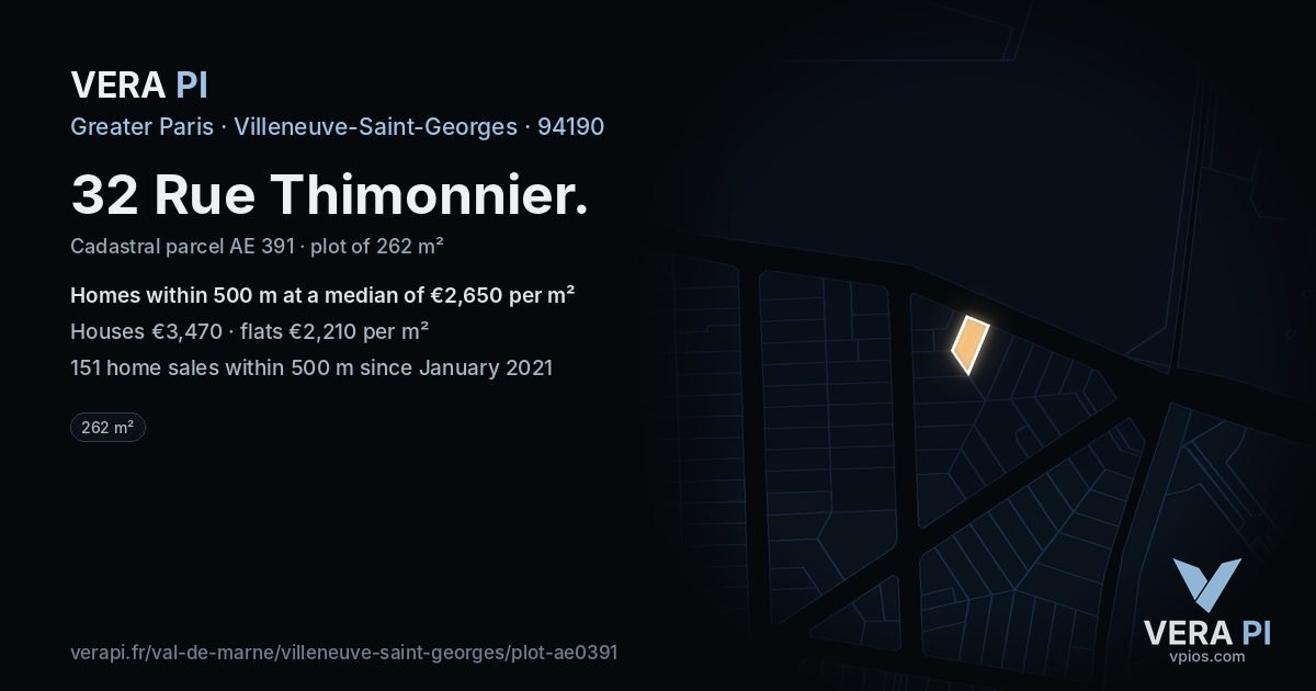 32 Rue Thimonnier, Villeneuve-Saint-Georges at night – the plot lit, the parcels around coloured by the prices near them