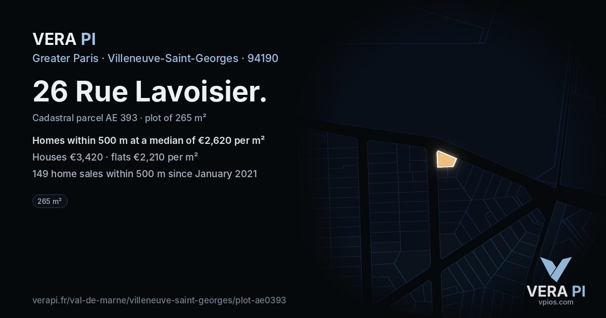 26 Rue Lavoisier, Villeneuve-Saint-Georges at night – the plot lit, the parcels around coloured by the prices near them